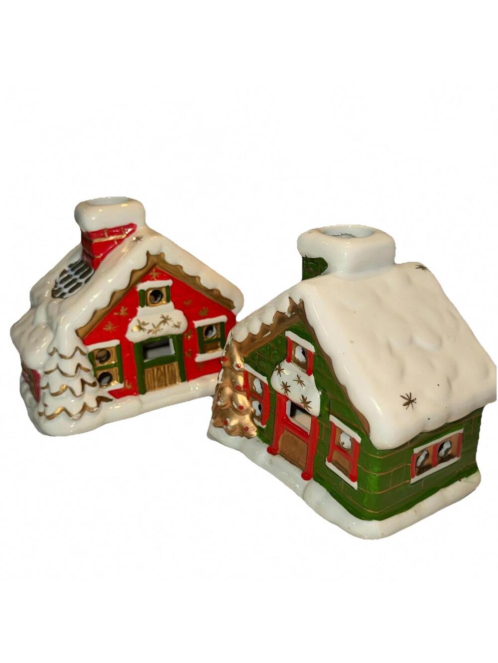 2 Vtg Christmas Tea Light Candle Holder Houses Ski Chalet Cabin Smoking Chimney